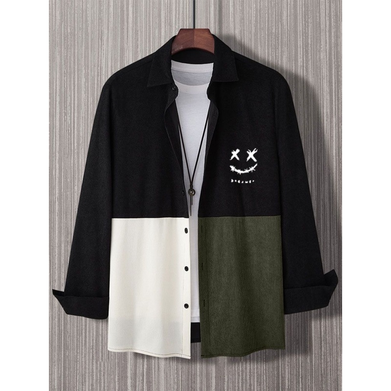 Mens Smile Face Print Color Block Patchwork Corduroy Long Sleeve Shirts