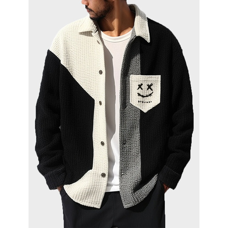 Mens Smile Print Color Block Patchwork Casual Long Sleeve Shirts