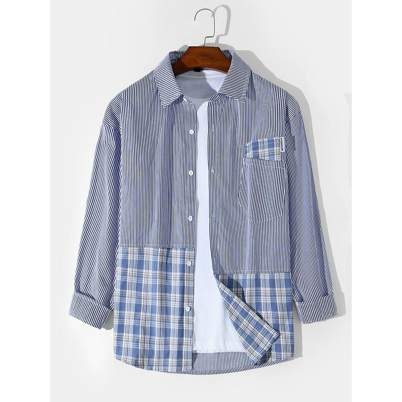 Mens Splicing Stripe Plaid Hem Lapel Shirt with Front Pocket