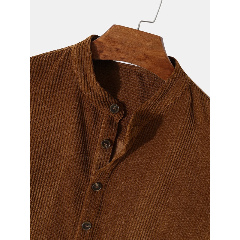 Mens Stand Collar Solid Button Down Corduroy Shirt