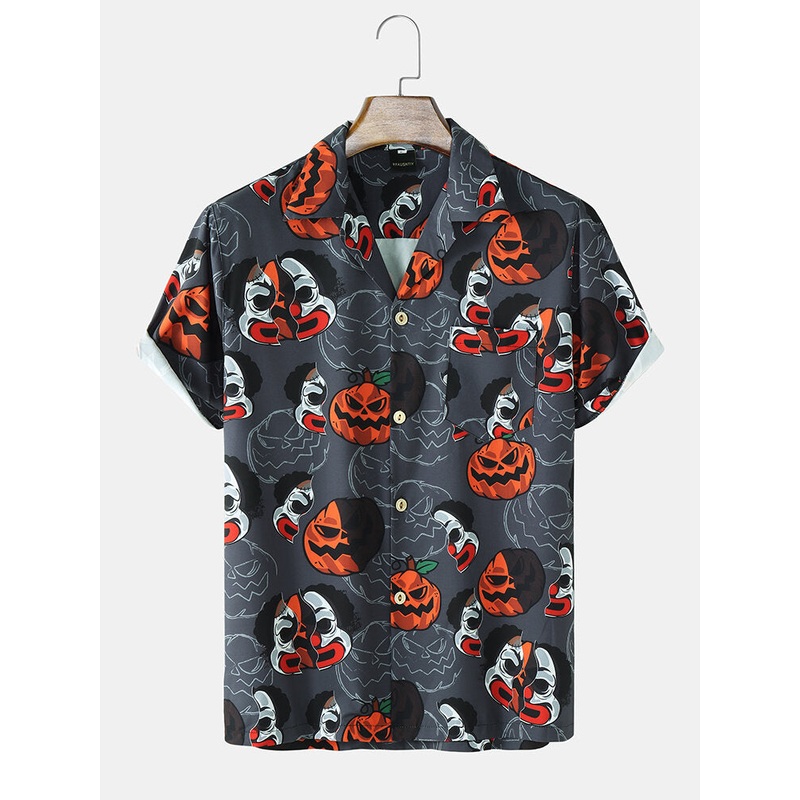 Mens Street Funny Pumpkin Print Revere Collar Shirts