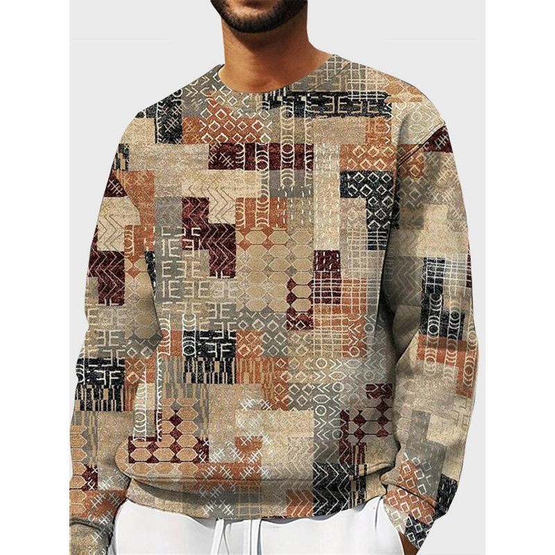 Mens Vintage Geometric Print Crew Neck Pullover Sweatshirts