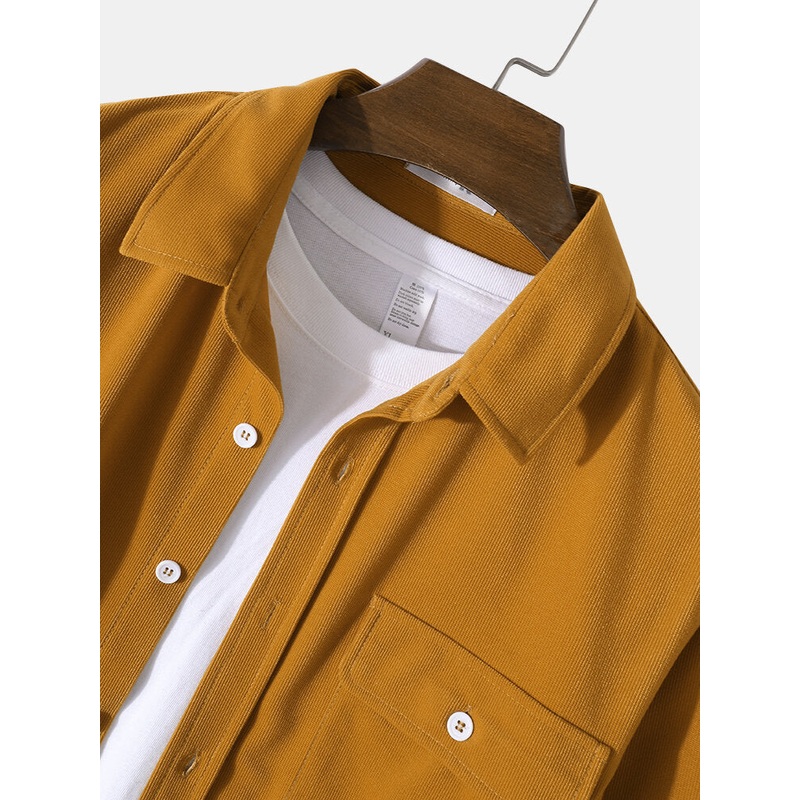Mens Yellow Button Down Long-Sleeve Corduroy Shirt