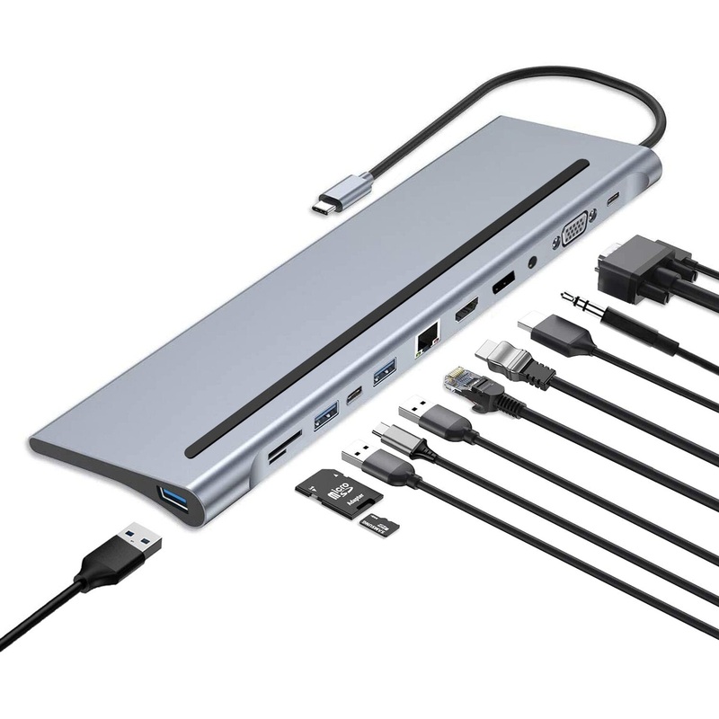 11 In 1 MST Triple Display USB-C Hub Docking Station Adapter With 4K HDMI HD Display / 4K DP HD Display / 1080P VGA / USB-C PD Power Delivery / RJ45 Ethernet Network Port / 3 * USB 3.0 / 3.5mm Audio Jack / Memory Card Readers