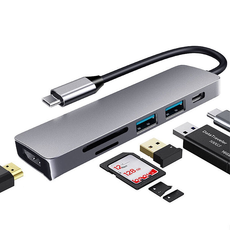 6 in 1 Type-C Docking Station USB-C Hub Splitter Adaptor with USB3.0*2 PD3.0 4K HDMI Support SD/TF Card Reader Slot Multiport Hub for PC Laptop