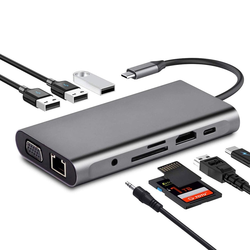 Bakeey 10 In 1 Triple Display USB Type-C Hub Docking Station Adapter With 4K HD Display /1080P VGA / RJ45 Network Port /100W USB-C PD3.0 Power Delivery / USB-C Data Transfer Port /3*USB 3.0 /3.5mm Audio Jack /Memory Card Readers