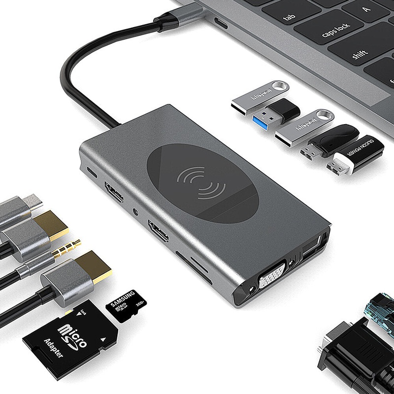 Seewei BX14 14 In 1 Triple Display USB-C Hub Docking Station Adapter With 5 * USB 3.0 / 10W Wireless Charger / 100W Type-C PD / Dual HDMI 4K HD Display / VGA / 3.5mm Audio Jack / RJ45 Network Port / Memory Card Readers