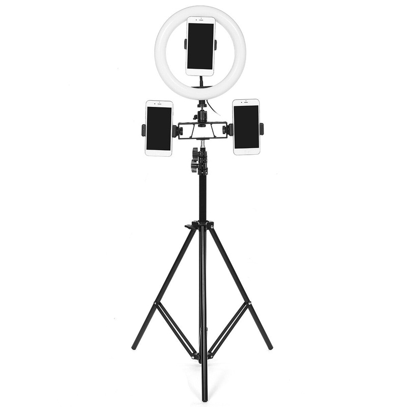 26cm LED Ring Light 3 Color 10 Brightness Dimmable Fill Light with Tripod Stand Dual Phone Clip for Youtube Live Stream Tiktok Broadcast