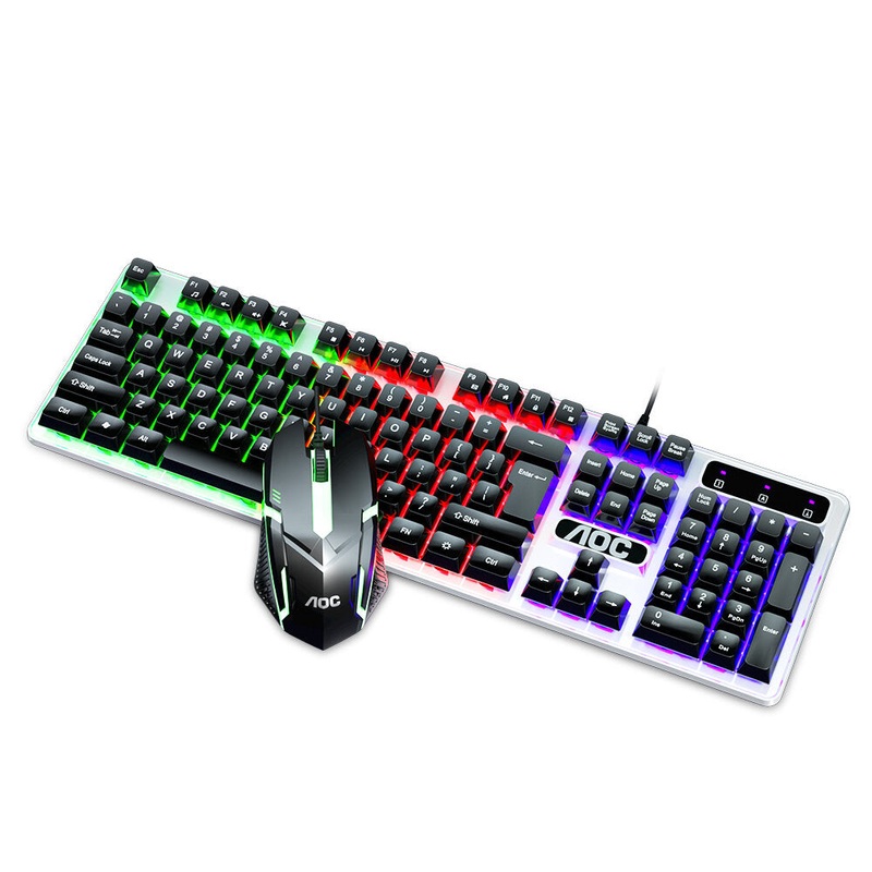 AOC KM100 Wired Cool Backlit Keyboard and Mouse Combo Kit Ergonomic Waterproof Keyboard Color Backlight for Computer PC Laptop