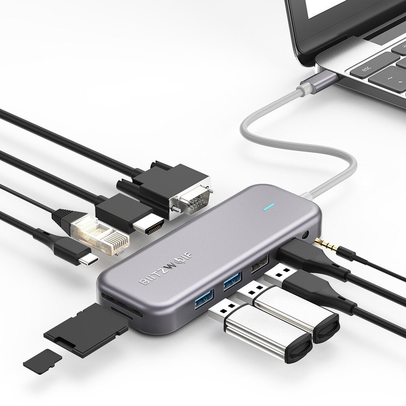 BlitzWolf BW-TH8 11 in 1 USB-C Data Hub with 100W Type-C PD Power Delivery 2 USB3.0 & 2 USB2.0 4K@30HZ & 1080P@60HZ Resolution Stable Internet SD & TF Card Slot & Audio Sync Output