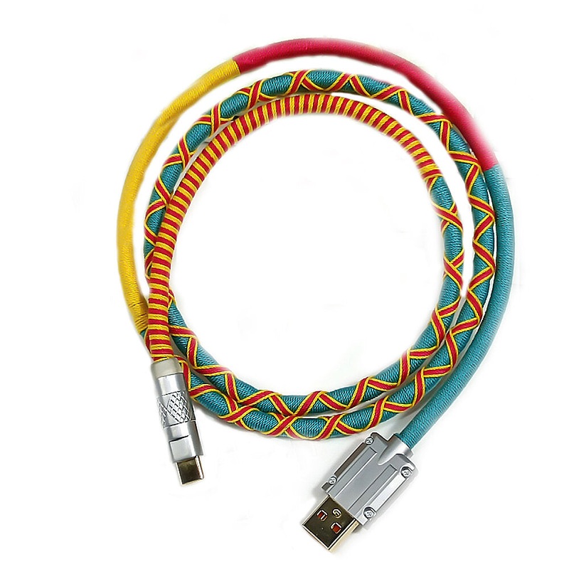 HCC 1m USB Type-C Fast Charging Cable for Keyboard Coiled Weaved Line Handmade Woven Folk-custom Data Cable