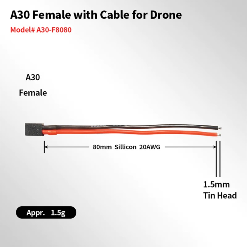 5PCS A30-F A30 Female Connector Cable 80mm 20AWG Pigital for RC FPV Racing Drone Airplane Helicopter
