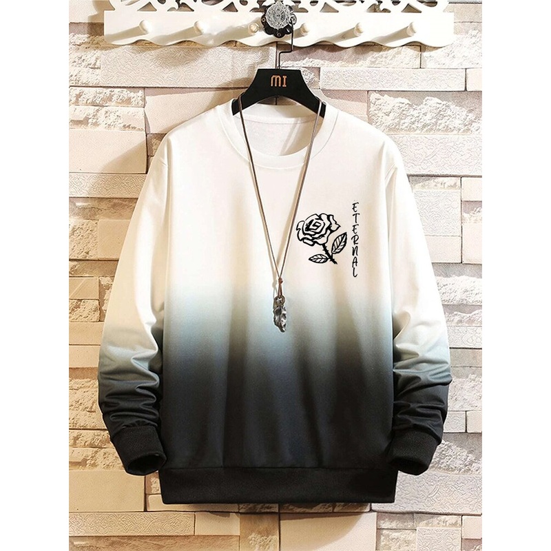 Mens Rose Letter Ombre Print Crew Neck Pullover Sweatshirts