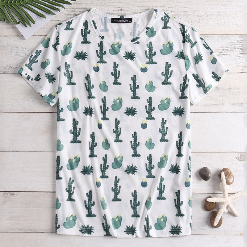 Men Cactus Printed Cartoon Casual T-Shirts