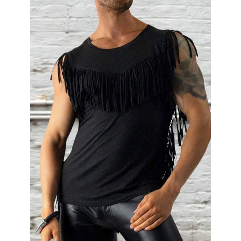 Men Fringe Solid Color Crew Neck Tank Top