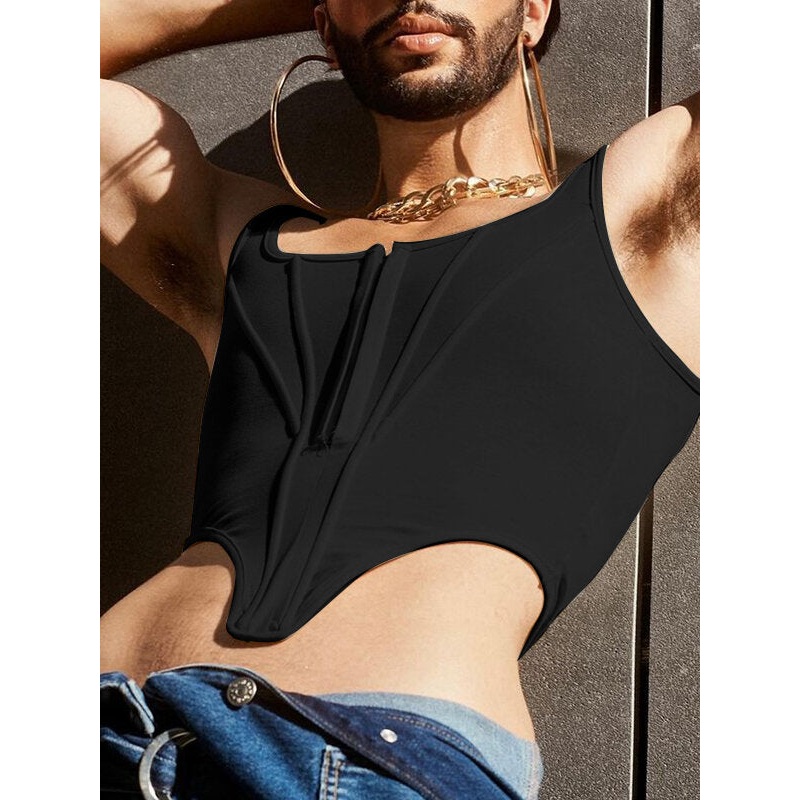Men Front Zipper Irregular Cutout Hem Crop Tank Top