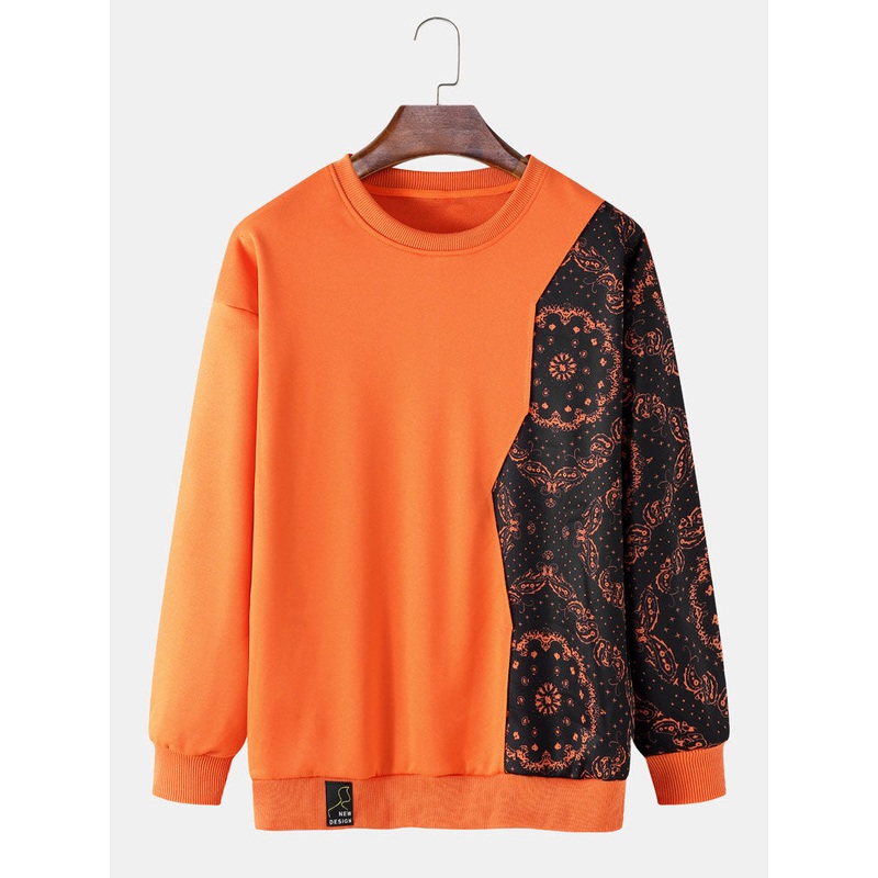Men Patchwork Color Block Contrast Floral Pullover Sweatshirt