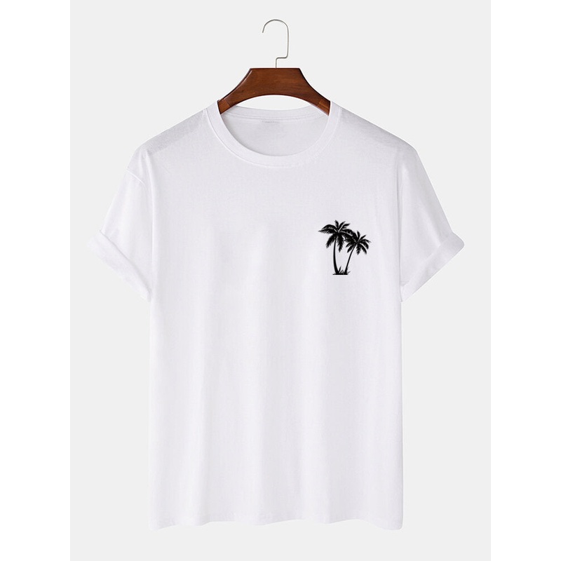 Mens 100% Cotton Coconut Tree Chest Print Holiday Short Sleeve T-Shirts