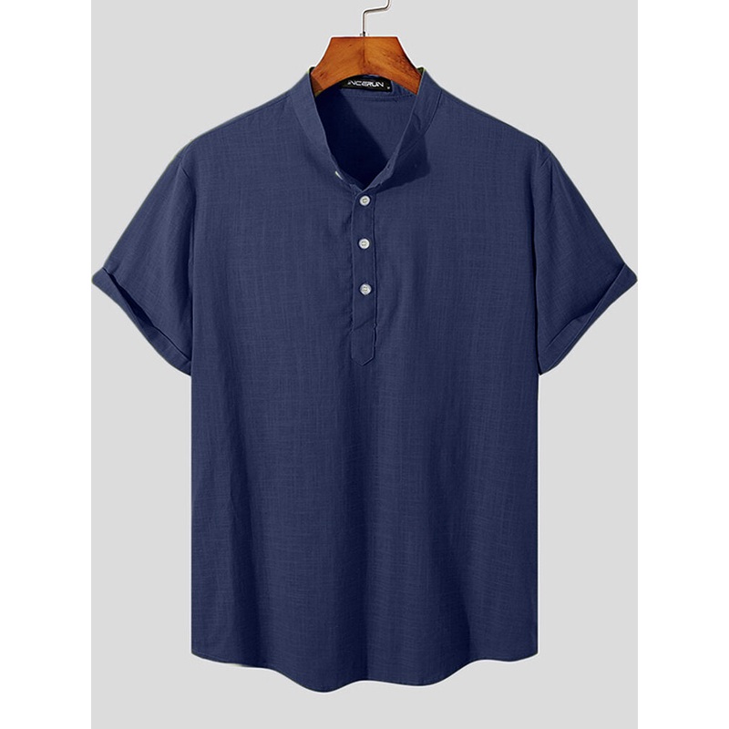 Mens 100% Cotton Stand Collar Henley Shirt