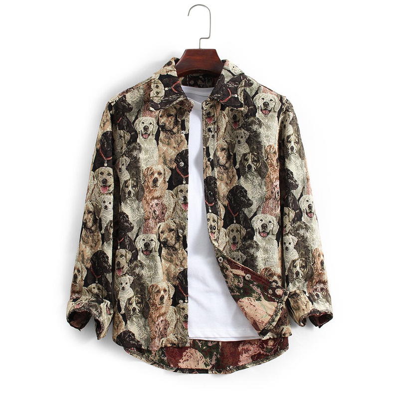 Mens 3D Allover Dog Print Roving Button Up Lapel Collar Casual Overshirt