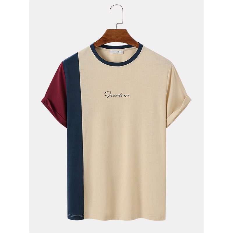 Mens Asymmetric Colorblock Letter Printed Short Sleeve T-Shirts