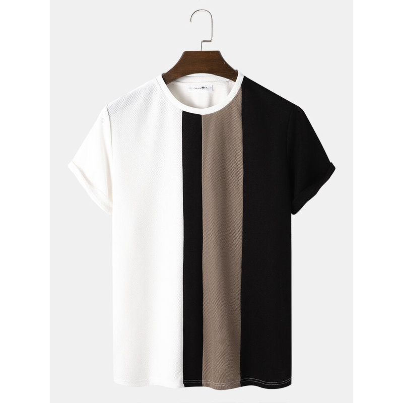 Mens Block Stripe Stitching Knitted Preppy Short Sleeve T-Shirts