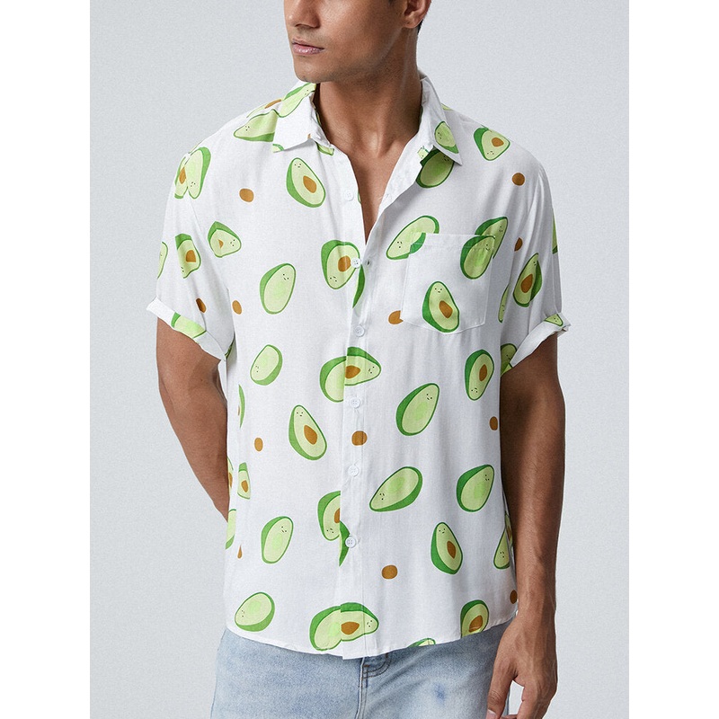 Mens Cartoon Avocado Print Button Up Short Sleeve Shirts