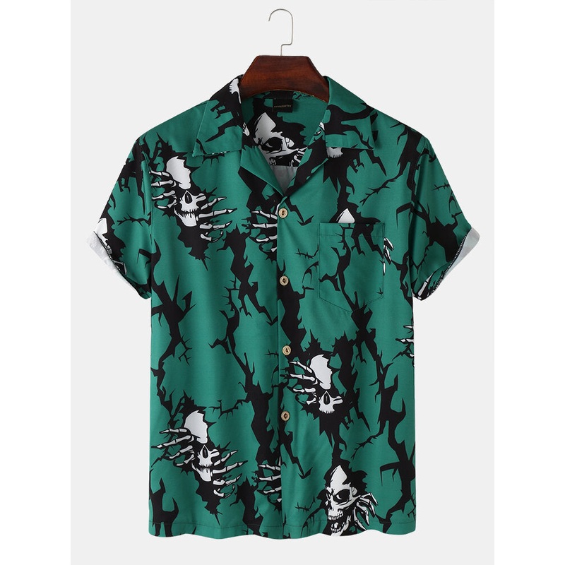 Mens Casual Revere Collar Skull Print Pocket Shirts