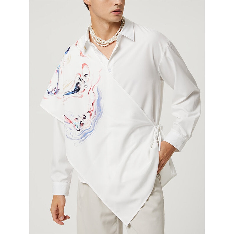 Mens Chinese Style Print Tie-Up Shawl Shirt