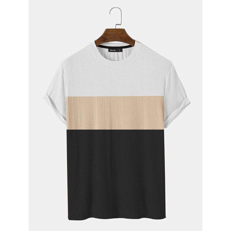 Mens Color Block Patchwork Textured Short Sleeve T-Shirts