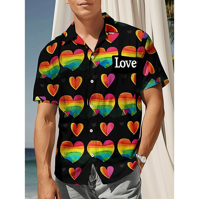 Mens Colorful Hearts Print Lapel Collar Short Sleeve Shirts