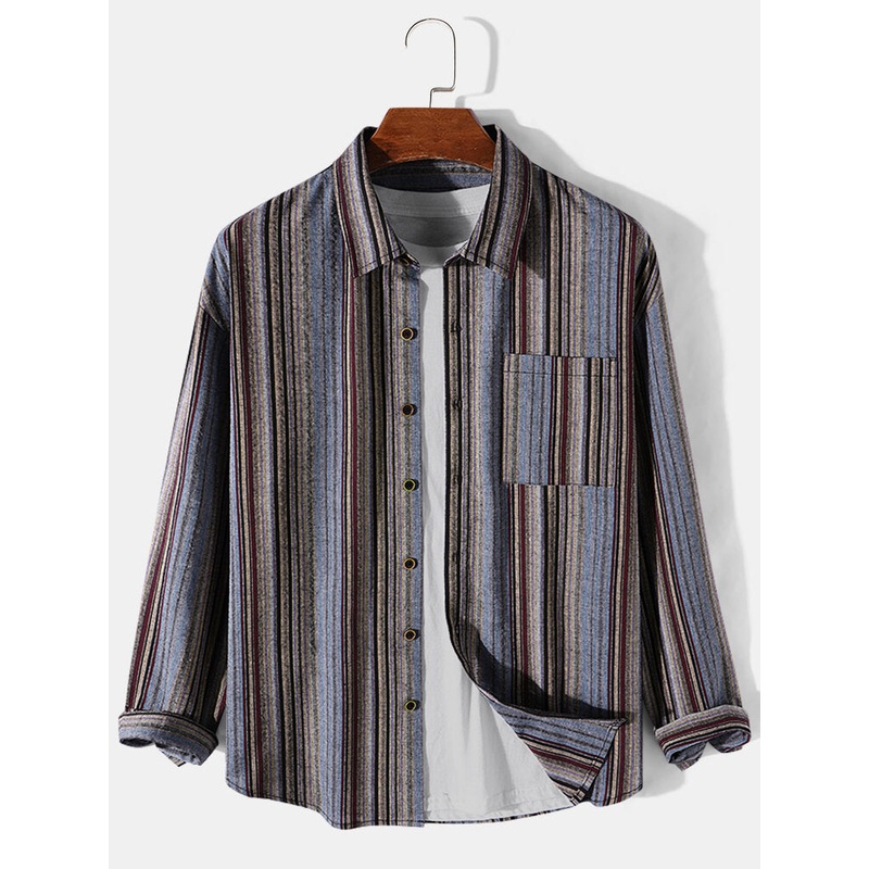 Mens Colorful Pinstripe Lapel Chest Pocket Long Sleeve Shirts