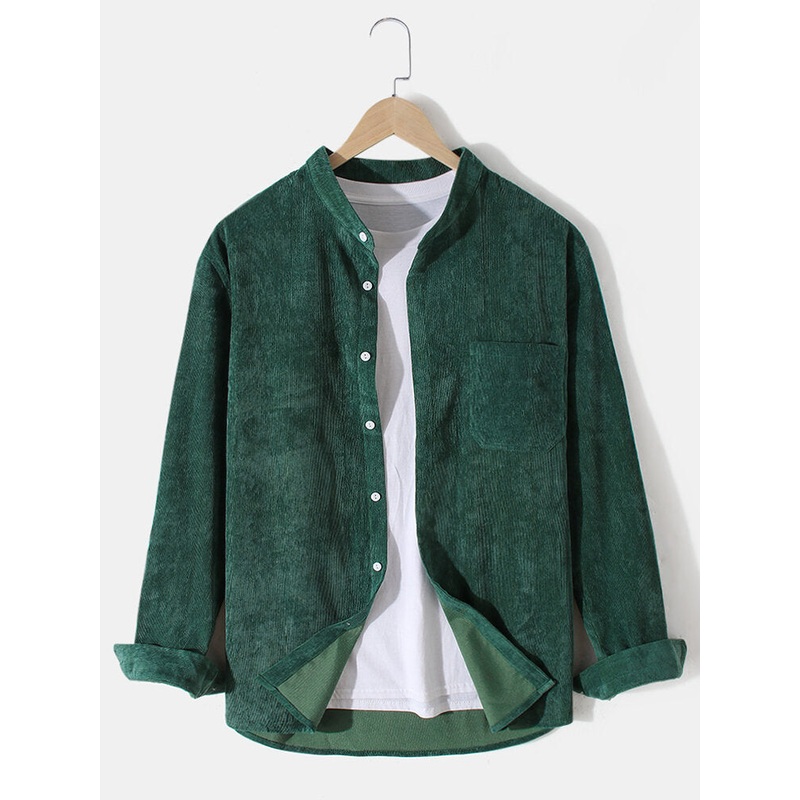 Mens Corduroy Stand Collar Solid Color Long Sleeve Shirts With Pocket