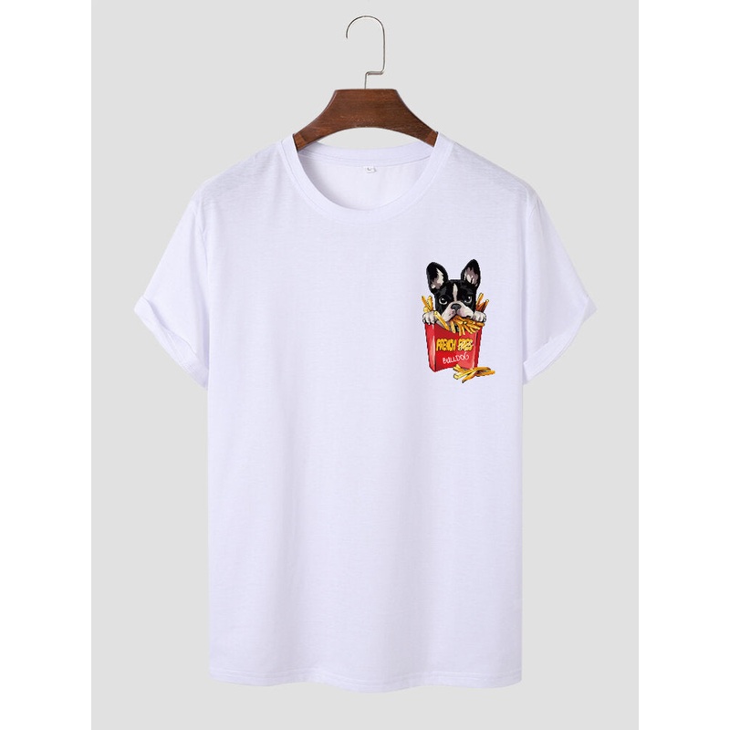 Mens Dog Fries Chest Print Crew Neck Short Sleeve T-Shirts