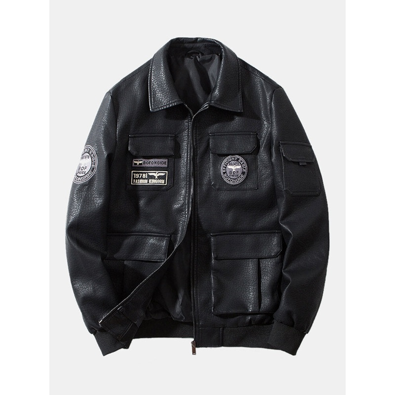 Mens Embroidery Multi Pockets Zipper Lapel PU Leather Motorcycle Jackets