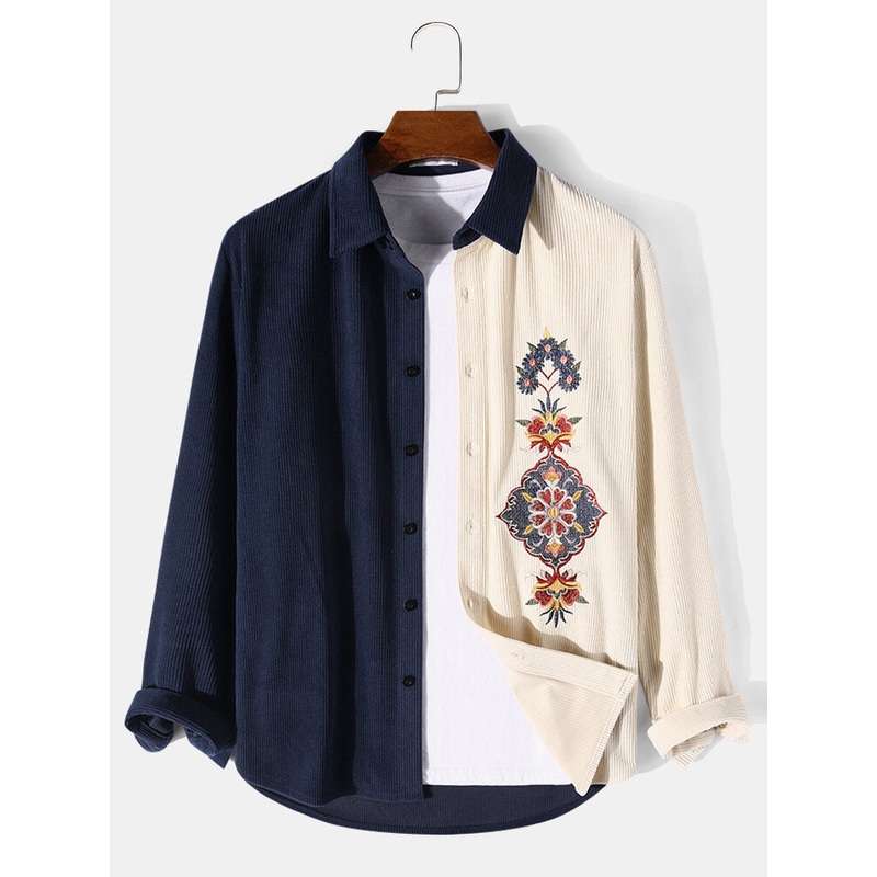 Mens Ethnic Floral Embroidered Patchwork Corduroy Long Sleeve Shirts