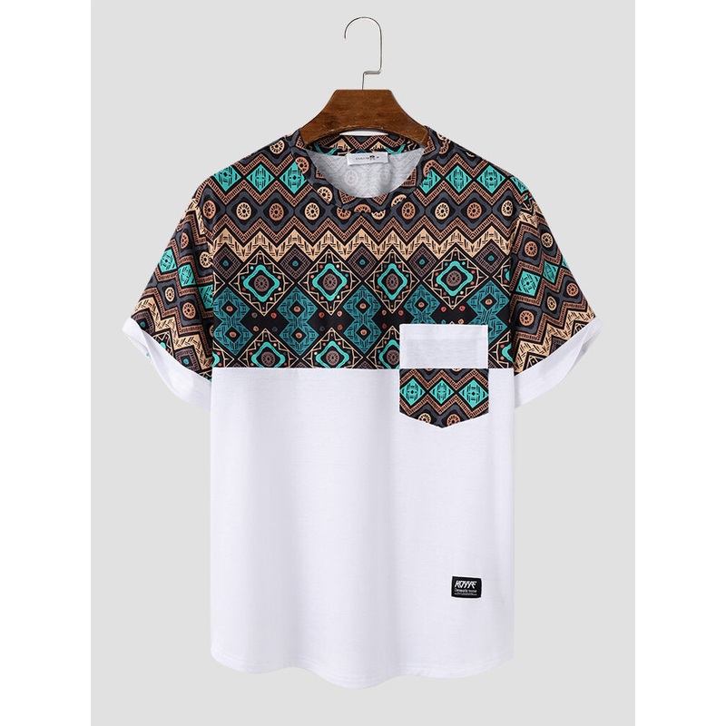 Mens Ethnic Geometric Print Stitching Crew Neck Short Sleeve T-Shirts