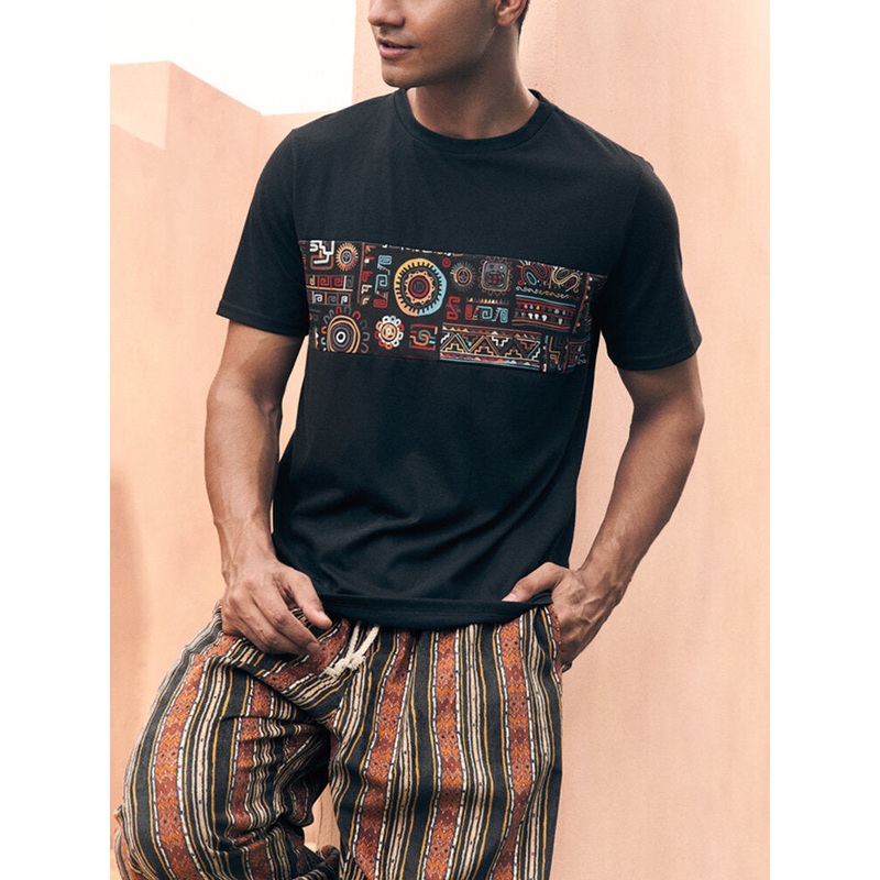 Mens Ethnic Pattern Crew Neck Casual Short Sleeve T-Shirts