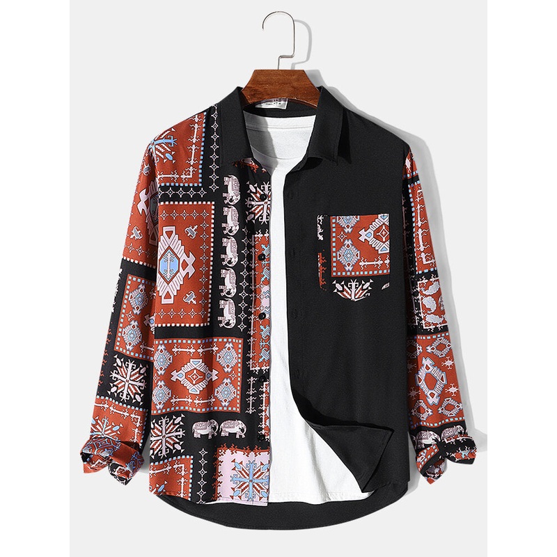 Mens Ethnic Print Patchwork Chest Pocket Long Sleeve Shirts