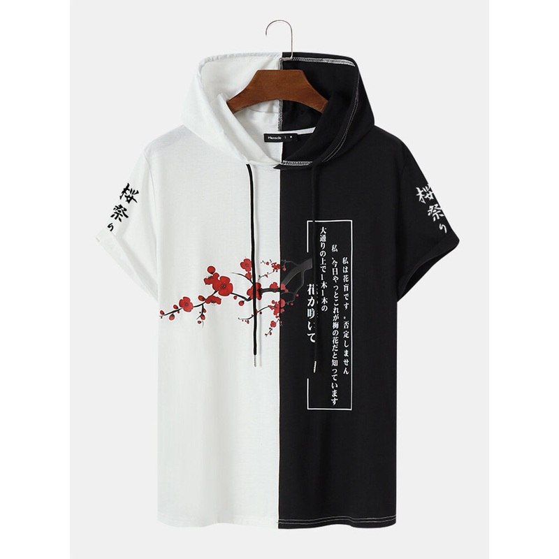 Mens Floral Japanese Print Patchwork Short Sleeve Hooded T-Shirts