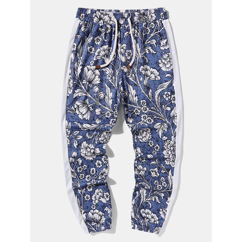 Mens Floral Print Side Stripe Patchwork Loose Drawstring Pants