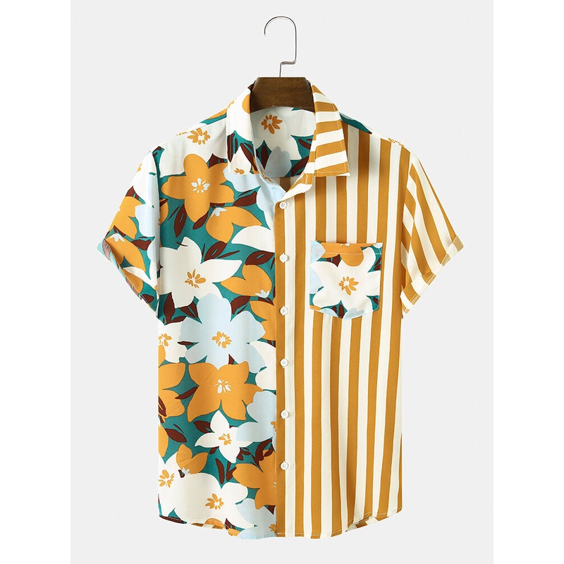 Mens Floral Stripe Print Patchwork Holiday Short Sleeve Shirts