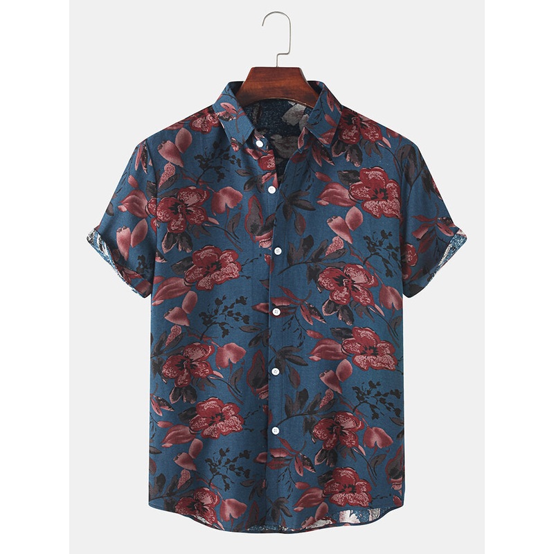 Mens Flower Plant Print Lapel Holiday Short Sleeve Shirts