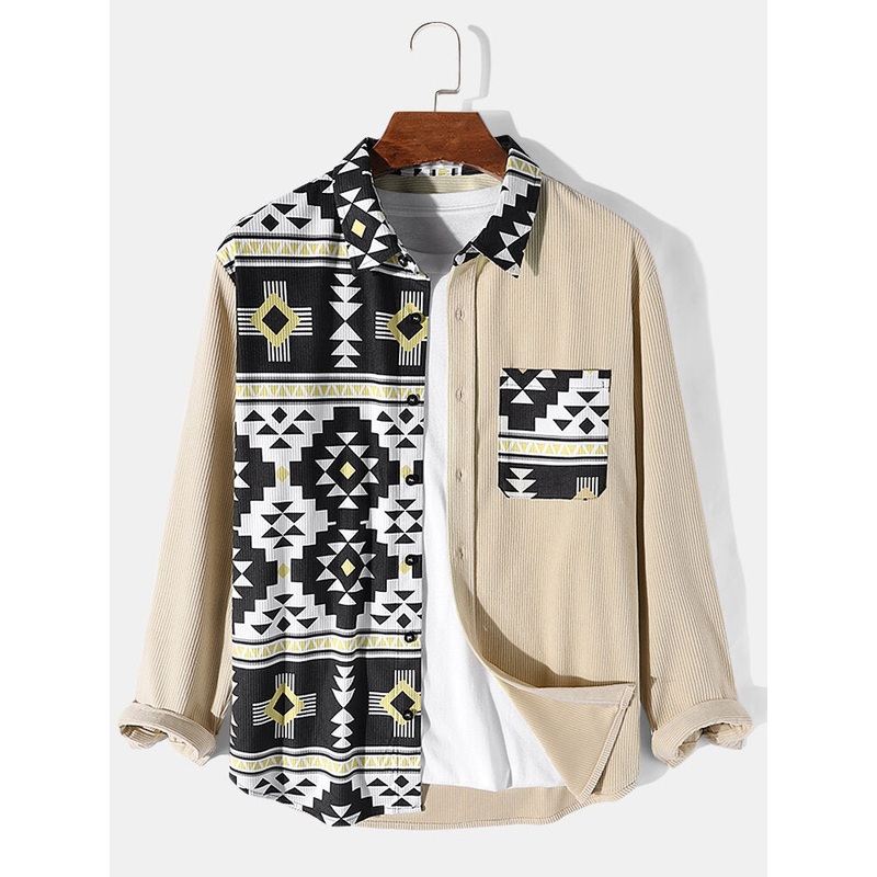 Mens Geometric Pattern Patchwork Chest Pocket Corduroy Long Sleeve Shirts