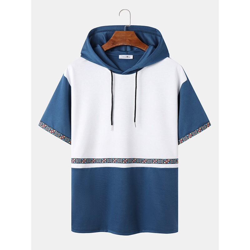 Mens Geometric Pattern Ribbon Patchwork Short Sleeve Hooded T-Shirts