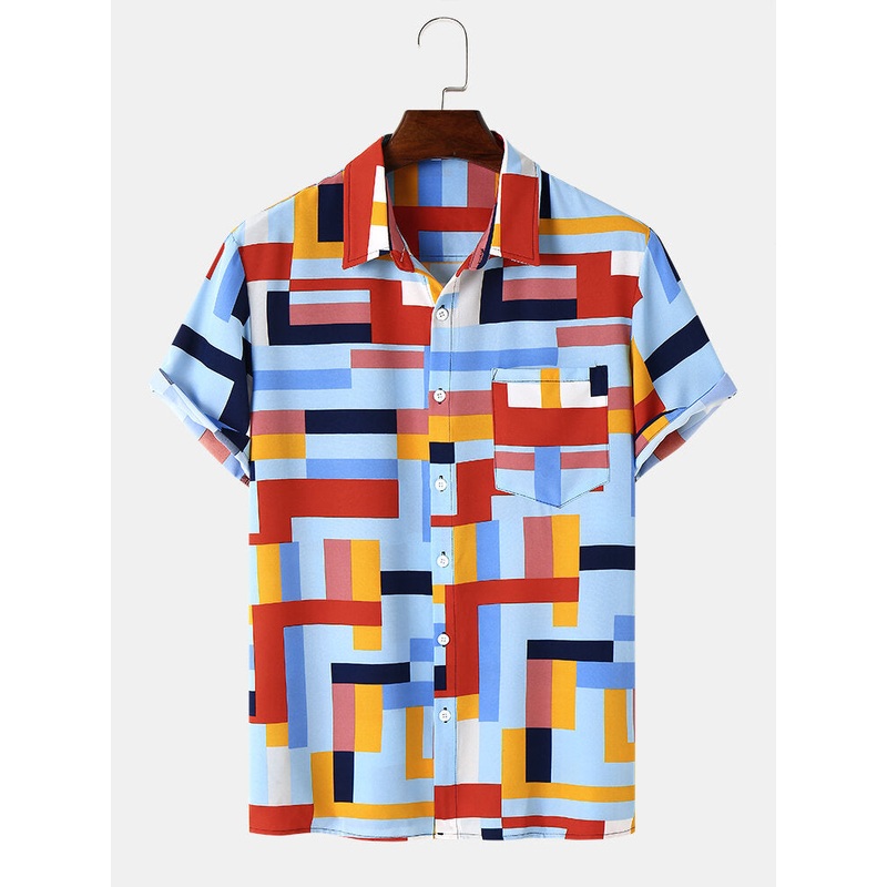 Mens Geometric Print Colorful Buttons Short Sleeve Comfy Shirts