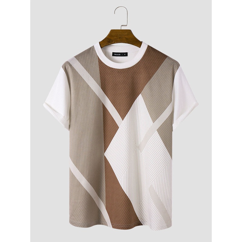 Mens Irregular Color Block Striped Crew Neck Short Sleeve T-Shirts