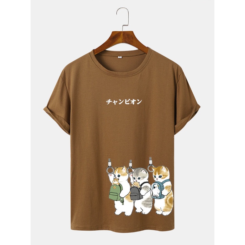 Mens Japanese Cute Cat Print Casual Short Sleeve T-Shirts