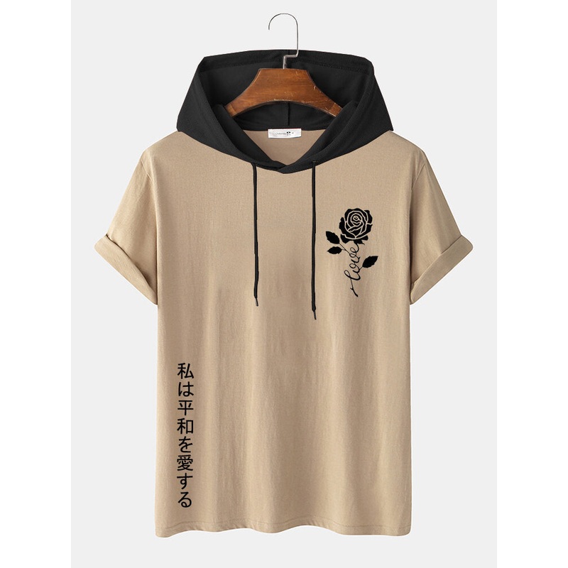 Mens Japanese Rose Print Short Sleeve Drawstring Hooded T-Shirts