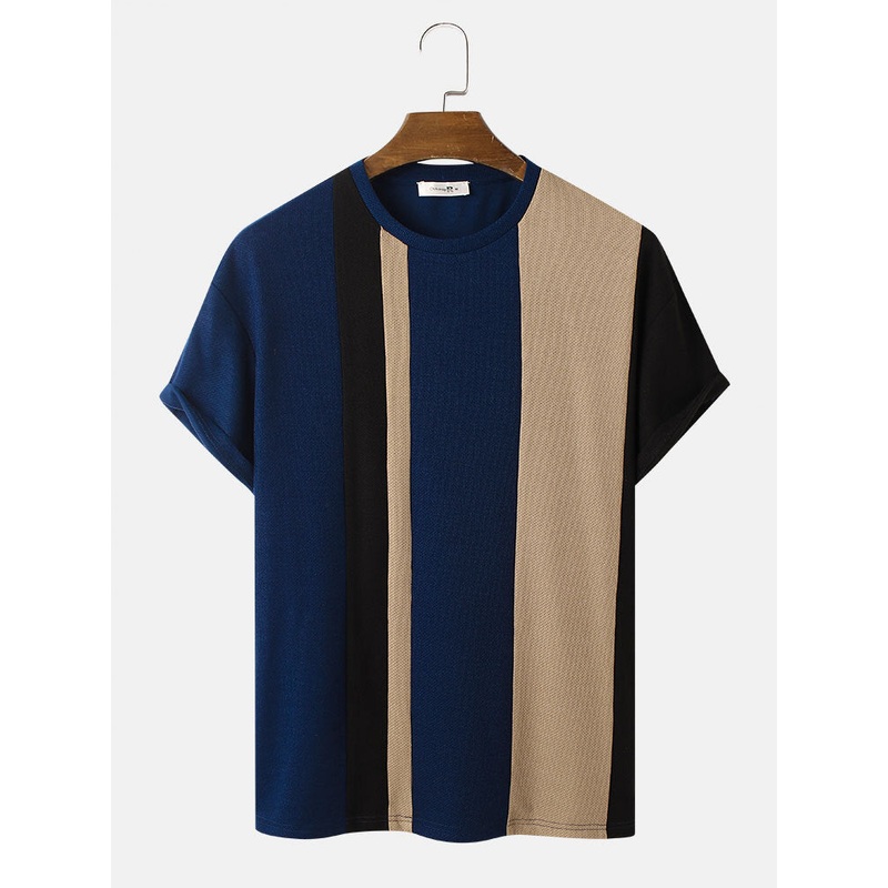 Mens Knitted Contrasting Color Stitching Short Sleeve T-Shirt
